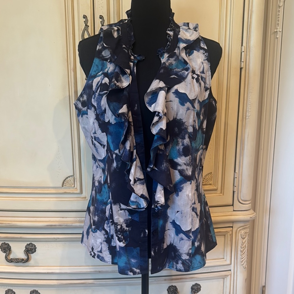 Ann Taylor Ruffled Blue and White Blouse